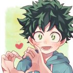  1boy blue_hoodie blush boku_no_hero_academia border commentary_request drawstring freckles green_background green_eyes green_hair heart heart_hands hood hood_down hoodie looking_at_viewer male_focus midoriya_izuku morino_(ktdk_0141) open_mouth outside_border portrait scar scar_on_hand short_hair smile solo white_border 