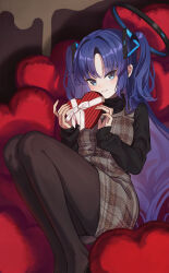  1girl black_halo black_pantyhose black_sweater blue_archive blue_eyes box brown_dress closed_mouth dress gift halo heart heart-shaped_box heart-shaped_pillow highres holding holding_gift knees_up long_hair long_sleeves looking_at_viewer mechanical_halo pantyhose pillow plaid_clothes plaid_dress purple_hair red_pupils revision sitting sleeveless sleeveless_dress sleeves_past_wrists smile solo sweater two_side_up valentine yanoyoru yuuka_(blue_archive) 