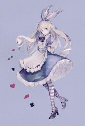  1girl alice's_adventures_in_wonderland alice_(alice_in_wonderland) apron arms_behind_back black_ribbon black_shoes blonde_hair blue_dress cup dress frilled_dress frills full_body high_heels highres holding holding_cup long_hair looking_at_viewer mishiro_(iromishiro) neck_ribbon pantyhose parted_lips puffy_short_sleeves puffy_sleeves ribbon shoes short_sleeves solo striped_clothes striped_pantyhose teacup white_apron 