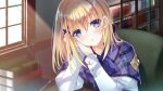  1girl bangs blonde_hair blue_bow blue_bowtie blue_eyes book bookshelf bow bowtie camus_holmes capelet game_cg hair_between_eyes hair_ornament head_tilt indoors lens_flare long_hair long_sleeves looking_at_viewer open_mouth plaid_capelet purple_capelet senkou_no_clarias shiny shiny_hair shirt solo sunlight suzuhira_hiro upper_body white_shirt x_hair_ornament 