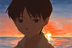  1boy blue_eyes brown_hair closed_mouth collared_shirt highres ikari_shinji kura_rart male_focus neon_genesis_evangelion orange_sky shirt short_hair sky solo sun sunset white_shirt 