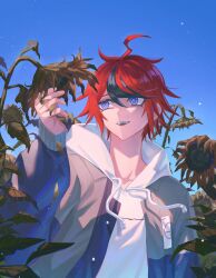  1boy ahoge black_streaks blue_eyes field flower flower_field grey_hoodie highres holding holding_flower hood hoodie long_sleeves male_focus medium_hair multicolored_hair open_clothes open_mouth red_hair shirt smile solo streaked_hair sumino_takumi sunflower sunflower_field teeth the_hundred_line_-last_defense_academy- upper_teeth_only white_shirt yuiii_0311 