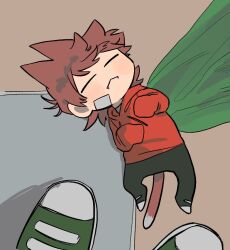  2boys :3 =_= animification antenna_hair artist_name bandage_on_cheek bandage_on_face bandages black_pants black_shoes blush_stickers brown_hair cat_boy cat_tail chibi drawstring edd_(eddsworld) eddsworld fangs feral_instincts flipped_hair hair_behind_ear hair_ears hood hood_down hoodie indoors kemonomimi_mode korika02 long_sleeves lying male_focus mini_person miniboy multiple_boys no_nose on_back pants pov red_hoodie shoes short_hair sleeping sneakers solo_focus tail tord_(eddsworld) 