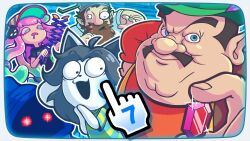  2boys 2girls cat character_request copyright_request crazy_dave_(plants_vs._zombies) crossover drooling facial_hair game_console gem hand_cursor harmony_(splatoon) highres link:_the_faces_of_evil morshu multiple_boys multiple_girls mustache plants_vs._zombies pointy_ears pot_on_head red_gem siivagunner splatoon_(series) splatoon_3 temmie the_legend_of_zelda the_legend_of_zelda_(cd-i) trait_connection undertale utdr_(toby_fox) wii 