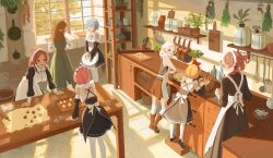  6+girls absurdres ahoge aisha_greyrat apron blonde_hair blue_hair bow_hairband bowl brown_hair cabinet cookie counter crossover cupboard cutting_board dough elf food frying_pan glass_jar hairband highres kitchen lillia_greyrat looking_at_another lucy_greyrat maid maid_headdress medium_hair multiple_girls mushoku_tensei petra_leyte pink_hair plant pointy_ears potted_plant ram_(re:zero) re:zero_kara_hajimeru_isekai_seikatsu rem_(re:zero) rolling_pin shelf short_hair spoon stone_wall sylphiette_(mushoku_tensei) tinivast white_apron white_hair 