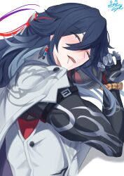  1boy absurdres arm_strap artist_name ashveil_(honkai:_star_rail) black_hair black_shirt blush closed_eyes commentary_request drooling gloves gradient_hair hat hat_ornament highres honkai:_star_rail honkai_(series) jacket jewelry long_hair male_focus multicolored_hair necklace reme_si shirt signature single_glove sleeping solo white_hair white_jacket 