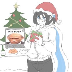  black_hair black_pants blue_eyes christmas christmas_tree egg flag_ribbon gift glasses hair_ribbon hat highres holding holding_gift hood hoodie it's_over_(meme) lera_(sighttobehold) medium_hair meme monkey_putin_(meme) non-web_source original pants ponytail ribbon santa_hat sighttobehold smile vladimir_putin white_hoodie 