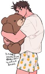 1boy battle_tendency brown_eyes brown_hair chuu_ni commentary_request holding holding_stuffed_toy jojo_no_kimyou_na_bouken joseph_joestar joseph_joestar_(young) looking_to_the_side male_focus male_underwear pineapple_print shirt short_hair short_sleeves sideways_glance solo standing stuffed_animal stuffed_toy teddy_bear translation_request underwear white_shirt 
