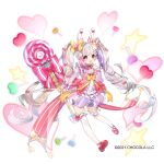  1girl bow candy food frilled_legwear hair_bow hair_ornament heart highres lollipop long_hair looking_at_viewer multicolored_hair official_art open_mouth pink_eyes red_bow sakofu solo star_(symbol) streaked_hair sugar_conflict thigh-highs twintails very_long_hair white_hair wrist_cuffs yellow_bow 