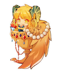  1girl :3 bangle blonde_hair blue_gem bracelet bridal_gauntlets chalice cherry_(10013717) chibi chibi_only commentary_request cup gem gold gold_horns gradient_horns green_bridal_gauntlets green_horns head_on_hands head_rest horns in_container in_cup jewelry kulve_taroth long_hair looking_at_viewer monster_hunter:_world monster_hunter_(series) multicolored_horns necklace pearl_necklace personification purple_gem red_gem simple_background solo striped_horns white_background yellow_eyes 