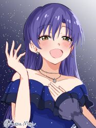  1girl blue_dress blue_hair blush collarbone commentary_request dress earrings hand_on_own_chest highres idolmaster idolmaster_(classic) jewelry kisaragi_chihaya kisaragi_chihaya_(oathone) long_hair looking_at_viewer munbato_(watari_megumi) music necklace off-shoulder_dress off_shoulder official_alternate_costume partial_commentary singing smile solo straight_hair twitter_username upper_body 