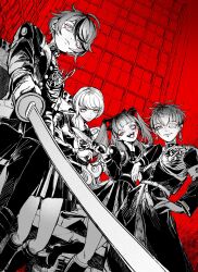  2boys 2girls absurdres amemiya_darumi amm_mi_dr black_skirt earrings face_piercing highres holding holding_knife holding_sword holding_weapon jewelry kawana_tsubasa knife last_defense_academy_school_uniform long_hair looking_at_viewer looking_down multiple_boys multiple_girls omokage_yugamu partially_colored piercing print_eyepatch red_background school_uniform short_hair skirt sumino_takumi sword the_hundred_line_-last_defense_academy- weapon 