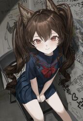  1004tiantian 1girl absurdres alternate_costume angelina_(arknights) animal_ear_fluff animal_ears arknights arknights:_endfield between_legs black_sailor_collar black_serafuku black_shirt black_skirt blush bow brown_hair chair closed_mouth commentary diamond-shaped_pupils diamond_(shape) dot_nose double-parted_bangs drill_hair fox_ears fox_girl from_above gilberta_(arknights) graffiti hair_between_eyes hand_between_legs highres indoors long_hair looking_at_viewer on_chair pleated_skirt poster_(object) red_bow red_eyes sailor_collar school_uniform serafuku shirt short_sleeves sitting skirt smile solo symbol-shaped_pupils twin_drills twintails twitter_username v_arms 
