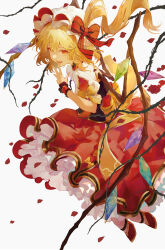  absurdres ascot blonde_hair collared_shirt commentary crystal enip_o falling_petals flandre_scarlet from_side full_body hand_to_own_mouth hat hat_ribbon highres looking_at_viewer lower_teeth_only mob_cap multicolored_wings one_side_up open_mouth petals plant puffy_short_sleeves puffy_sleeves red_eyes red_shoes red_skirt ribbon rose_petals shirt shoes short_sleeves skirt skirt_set smile teeth thorns touhou vines white_background white_hat wings wrist_cuffs 