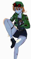  1boy atarinke5 bandaged_ear bandaged_leg bandages belt beret black_boots bomb boots brown_belt bruise bruise_on_leg explosive goggles goggles_on_headwear green_jacket hair_between_eyes happy_tree_friends hat holding holding_bomb humanization injury jacket legband military_jacket mouse_ka-boom_(happy_tree_friends) orange_hair red-tinted_eyewear red_eyes scar scar_on_leg shorts simple_background solo tinted_eyewear 