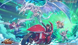  1girl 2boys black_hair black_shirt blonde_hair blue_jacket card character_request d-wheel dragon_girl dress fudo_yusei holding holding_card jacket junk_synchron long_hair motor_vehicle motorcycle multiple_boys on_motorcycle red_hair richard_suwono shirt stardust_dragon trading_card white_dress yu-gi-oh! yu-gi-oh!_5d's 