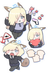  1girl animal_ears bag black_necktie blue_archive blue_eyes blue_halo blush_stickers bread bread_slice chibi chibi_only commentary dog_ears dog_girl food gun hair_over_one_eye halo heart highres holding holding_bag holding_gun holding_weapon kanna_(blue_archive) long_hair long_sleeves multicolored_hair necktie open_mouth sharp_teeth simple_background skirt smile teeth toast weapon yosik 