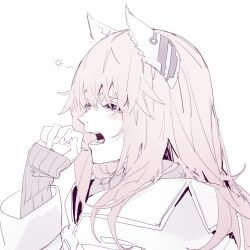  1girl absurdres animal_ears asimo_(hakurei10201) blush closed_eyes girls'_frontline_neural_cloud girls_frontline greyscale highres long_hair long_sleeves monochrome persicaria_(neural_cloud) simple_background sleeves_past_wrists solo squeans white_background wolf_ears wolf_girl yawning 