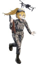 1girl 35th_marine_brigade absurdres blue_eyes body_armor boots callsign camouflage camouflage_jacket camouflage_pants commentary commission commissioner_upload digital_camouflage english_commentary flag_patch floating_hair grin gun handgun head-mounted_display highres holding holding_gun holding_weapon jacket jashin_gopnik looking_at_viewer morale_patch non-web_source open_collar original outstretched_arm pants ponytail pouch quadcopter russo-ukrainian_war smile standing standing_on_one_leg stechkin_aps tanya_degurechaff tanya_degurechaff_(sleepwalker) transparent_background ukrainian_flag ukrainian_marine_corps weapon youjo_senki 