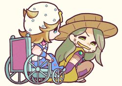  2boys arm_warmers beanie beard blonde_hair blue_eyes blue_pants blue_sleeves brown_hat brown_pants cape chibi chibi_only commentary cowboy_hat facial_hair gold_teeth green_eyes grey_hair grin gyro_zeppeli hat heart_ornament hood hood_down hoodie horseshoe_hat_ornament horseshoe_ornament johnny_joestar jojo_no_kimyou_na_bouken long_hair m_a_a_m_8 male_focus medium_hair multiple_boys pants redrawn smile star_(symbol) star_print steel_ball_run two-tone_sleeves wheelchair white_hat white_hoodie white_sleeves yellow_cape 