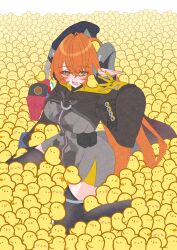  1girl ashimi_fugo baby_animal bird black_hat black_horns blush chick dragon_girl dragon_horns dress gloves green_eyes hair_between_eyes hat highres horns long_hair magus_(zenless_zone_zero) mechanical_horns mechanical_tail open_mouth orange_hair orange_pupils orphie_magnusson pointy_ears simple_background sitting tail thigh-highs too_many too_many_chicks twintails yellow_gloves zenless_zone_zero zipper_dress zipping 