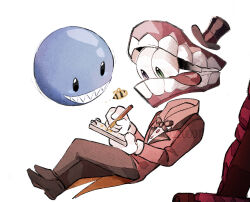  1boy :d animal bee black_bow black_bowtie black_eyes bow bowtie brown_hat brown_pants brown_shoes bubble_(the_amazing_digital_circus) bug buttons caine_(the_amazing_digital_circus) coat collared_shirt commentary crossed_legs dentures drawing_(action) english_commentary fewer_digits film_grain floating floating_head full_body gloves green_eyes grey_eyes grin hands_up hat hat_tip heterochromia highres holding holding_notepad holding_pencil lapels long_sleeves looking_at_object looking_down male_focus mini_hat mini_top_hat notepad pants pencil red_coat sharp_teeth shirt shoes simple_background smile solid_oval_eyes solo_focus teeth the_amazing_digital_circus tongue tongue_out top_hat traditional_bowtie twitter_username vizu001 white_background white_gloves white_shirt 
