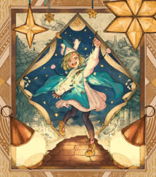  1girl aqua_cape aqua_hat black_pantyhose border brown_border brown_shoes brushbuddy cape coco_(tongari_boushi_no_atelier) commentary confetti dress english_commentary green_eyes green_hair hat highres holding holding_brush inset_border magic mawguai ornate_border pantyhose shoes smile solo teeth tongari_boushi_no_atelier upper_teeth_only white_dress witch witch_hat 