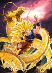  arm_up battle_damage blonde_hair blue_boots blue_eyes boots catdestroyer clenched_hand collarbone commentary dragon dragon_ball dragon_ball_z fighting_stance full_body highres long_hair muscular muscular_male no_eyebrows open_mouth orange_dougi orange_pants pants son_goku spiky_hair super_saiyan super_saiyan_3 torn_clothes transformation wristband 