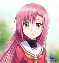  1girl artist_name blurry blurry_background dated hair_ornament hairclip hakuo_school_uniform hayate_no_gotoku! highres katsura_hinagiku kem_kem long_hair neckerchief open_mouth pink_hair red_shirt revision sailor_collar school_uniform serafuku shirt solo turtleneck upper_body white_sailor_collar yellow_eyes yellow_neckerchief 