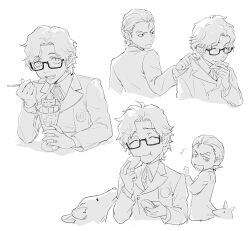  2boys animal closed_mouth collared_shirt commentary_request dog eating gekkoukan_high_school_uniform glasses greyscale hiraga_keisuke holding holding_spoon isa_(peien516) jacket male_focus monochrome multiple_boys multiple_views neck_ribbon odagiri_hidetoshi persona persona_3 rectangular_eyewear ribbon school_uniform shirt short_hair spoon 