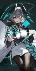  1girl arknights belt black_belt black_pantyhose black_sleeves chest_belt coat collar commentary_request dot_nose dress dutch_angle fingerless_gloves fingernails gloves green_background green_eyes green_nails green_wings grey_hair hair_between_eyes head_wings highres ho'olheyak_(arknights) hood hood_down jiajiayu long_sleeves looking_at_viewer medium_hair multicolored_sleeves open_clothes open_coat pantyhose parted_lips pencil_dress reaching reaching_towards_viewer short_dress sidelocks simple_background sleeves_past_wrists smile snake_tail solo tail very_long_tail white_coat white_dress white_gloves white_sleeves wide_sleeves wings 