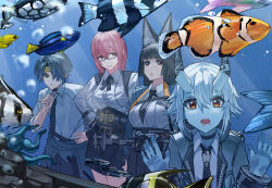  1boy 3girls absurdres air_bubble animal_ear_fluff animal_ears aqua_jacket aquarium asaba_harumasa black_hair black_necktie black_skirt blue_horns blue_oni blue_skin breasts bubble closed_eyes closed_mouth colored_skin commentary_request fish fox_ears fox_girl glasses hair_between_horns hakumai130 headband high-waist_skirt highres horns hoshimi_miyabi jacket large_breasts long_hair medium_breasts multicolored_horns multiple_girls necktie oni open_mouth parted_lips pink_hair red_eyes shirt short_hair skin-covered_horns skirt smile soukaku_(zenless_zone_zero) tsukishiro_yanagi two-tone_horns water white_hair white_shirt yellow_headband zenless_zone_zero 