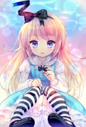  1girl alice's_adventures_in_wonderland alice_(alice_in_wonderland) amo_(shibu3) aqua_dress blonde_hair bloomers blue_eyes dress frilled_dress frills hand_up highres long_hair long_sleeves looking_at_viewer parted_lips puffy_long_sleeves puffy_sleeves shirt sitting smile solo striped_clothes striped_thighhighs swept_bangs thigh-highs white_bloomers white_shirt 