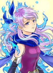  1girl aura blue_aura blue_eyes blue_scarf breasts dress emblem_(fire_emblem_engage) fire_emblem fire_emblem:_radiant_dawn fire_emblem_engage grey_hair hair_ribbon highres long_hair looking_at_viewer medium_breasts micaiah_(fire_emblem) ribbon scarf sleeveless sleeveless_dress smile solo yellow_background yomiko_(61549392) 
