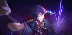  1boy absurdres armor black_hair black_kimono black_sleeves blunt_ends choppy_bangs derivative_work furisode genshin_impact glint gold highres holding holding_knife incoming_attack japanese_armor japanese_clothes juban kanabunsuii kimono knife kote kurokote layered_sleeves looking_at_viewer male_focus mitsudomoe_(shape) o-ring open_clothes open_kimono parted_lips pov purple_background purple_sash purple_sleeves reaching reaching_towards_viewer red_kimono red_pupils red_sash sash scaramouche_(genshin_impact) short_sleeves sidelighting single_sode smirk solo spikes spoilers tomoe_(symbol) upper_body violet_eyes white_kimono white_mouth white_trim 
