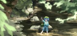  1girl arm_support arm_up blue_hair blue_shirt blue_skirt blunt_bangs blurry collared_shirt commentary_request dappled_sunlight dauchimk_1 depth_of_field full_body green_hat hat highres kawashiro_nitori medium_skirt river riverbank rock shirt short_hair sitting skirt soaking_feet solo sunlight touhou tree wide_shot 