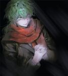  1boy black_jacket commentary_request evil_smile green_eyes green_hair highres interlocked_fingers jacket kimi_ga_shine korean_commentary long_sleeves male_focus midori_(kimi_ga_shine) open_mouth ouon own_hands_clasped own_hands_together red_scarf scarf shirt short_hair smile solo upper_body white_shirt 