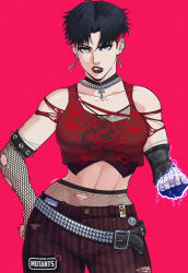  1girl cross cross_necklace emo_fashion goth_fashion gothic_punk highres jewelry jhony_caballero marvel necklace punk scarlet_witch solo striped_clothes x-men 