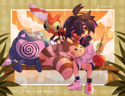  1boy :< bench black_hair closed_mouth clouds commentary_request crossed_bangs deformed dipplin evening furret hair_between_eyes hairband jacket kieran_(pokemon) long_sleeves male_focus mole mole_on_neck multicolored_hair naco_oekaki orange_sky outdoors pokemon pokemon_(creature) pokemon_scarlet_and_violet poliwrath purple_hair shoes shorts sitting sky socks white_jacket white_shoes white_shorts yanma yellow_hairband 