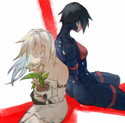  2girls android ariane_yeong back-to-back bandaid bandaid_on_arm bandaid_on_cheek bandaid_on_face black_hair commentary covered_eyes cowboy_shot dress elster_(signalis) english_commentary flower from_above highres holding holding_flower lily_(flower) multiple_girls plant potted_plant reituki short_hair signalis signature sitting sleeveless sleeveless_dress white_background white_dress white_flower white_hair 