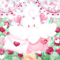  alternate_color artist_name balloon bush envelope flower full_body heart heart_balloon highres looking_at_viewer no_humans pokemon pokemon_(creature) pokemon_focus pumpkaboo red_eyes valentine wemlisbemlis 
