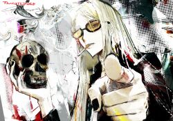  1boy black_nails blonde_hair cigarette fate/grand_order fate_(series) highres holding holding_skull jacket long_hair makina012 male_focus pointing pointing_at_viewer skull smoking solo sunglasses tezcatlipoca_(fate) upper_body 