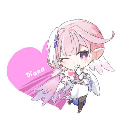  1girl ;) black_pantyhose breasts chaos_zero_nightmare character_name chibi chibi_only commentary_request crop_top diana_(chaos_zero_nightmare) e7_raslove gloves korean_commentary large_breasts looking_at_viewer multicolored_hair one_eye_closed pantyhose pink_hair pink_wings pointy_ears short_hair simple_background skirt smile solo star-shaped_pupils star_(symbol) symbol-shaped_pupils two-tone_hair under_boob violet_eyes white_background white_gloves white_hair white_skirt white_wings wings 