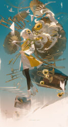  1girl absurdly_long_hair absurdres artist_name beamed_eighth_notes bird black_pantyhose boots breasts cevio dove dress eighth_note floating_hair flower full_body grey_eyes hair_flower hair_ornament hair_over_one_eye high_heel_boots high_heels highres instrument isekaijoucho kamitsubaki_studio long_hair long_sleeves looking_at_viewer musical_note musical_staff pantyhose parted_lips petals phonograph shoes small_breasts solo stairs sunflower toto_(caaaaarrot) trombone two-tone_dress very_long_hair white_dress white_shoes yellow_dress 