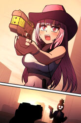  1boy 1girl absurdres cowboy_hat crop_top ddolbang gun hat highres holding holding_gun holding_weapon hololive hololive_english long_hair mori_calliope pink_hair red_eyes sweat weapon 