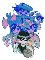  2girls 4boys absurdres alternate_costume antenna_hair armor aubrey_(headspace)_(omori) aubrey_(omori) axe basil_(headspace)_(omori) basil_(omori) black_eyes black_hair bow bright_pupils brother_and_sister brothers checkered_clothes checkered_hat checkered_scarf chibi closed_mouth colored_skin crossdressing crossdressing_(mtf) double-parted_bangs double-sided_axe dress flower grin hair_between_eyes hair_bow hair_flower hair_ornament hat hero_(headspace)_(omori) hero_(omori) highres holding holding_axe holding_chest holding_knife holding_wand kel_(headspace)_(omori) kel_(omori) knife knight long_hair looking_at_viewer mari_(headspace)_(omori) mari_(omori) milkymilkyshark multiple_boys multiple_girls omori omori_(omori) one_eye_closed open_mouth pink_bow pink_dress purple_hair scarf short_hair siblings sidelocks simple_background smile sweatdrop teeth treasure_chest upper_teeth_only violet_eyes wand white_background white_pupils white_skin wizard_hat 