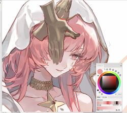 1girl ambience_synesthesia arknights art_program_in_frame bare_shoulders chinese_commentary choker commentary_request disembodied_hand highres lemuen_(arknights) lemuen_(requiem_vesperis)_(arknights) long_hair official_alternate_costume one_eye_covered parted_lips pink_eyes pink_hair smile smusmuye solo unfinished upper_body user_interface veil white_background white_veil 