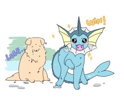  :3 animal_focus black_eyes blue_fur blush_stickers cetacean_tail character_doll closed_eyes commentary_request dog doll drifloon fangs fins fish_tail full_body golden_retriever head_fins korean_commentary looking_at_viewer maenggyul98785 no_humans pokemon pokemon_(creature) pokemon_focus simple_background sitting standing tail vaporeon wet white_background yellow_fur 