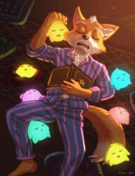  1boy 6+others absurdres animal_ears artist_name barefoot closed_eyes commentary dated english_commentary fang fox_boy fox_ears fox_mccloud fox_tail from_above furry furry_male highres luma_(mario) lying multiple_others on_back on_floor open_mouth pajamas pillow silverguy_ez sleeping star_fox super_mario_bros. super_mario_galaxy tail the_super_mario_galaxy_movie whiskers 