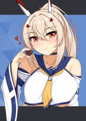  ayanami_(azur_lane) ayanami_(retrofit)_(azur_lane) azur_lane bare_shoulders black_choker blonde_hair blue_sailor_collar candy chocolate choker collarbone detached_sleeves fnzz food hair_between_eyes hair_ornament heart heart-shaped_chocolate heart-shaped_food highres long_hair long_sleeves looking_at_viewer neckerchief orange_eyes ponytail sailor_collar smile upper_body valentine wide_sleeves yellow_neckerchief 